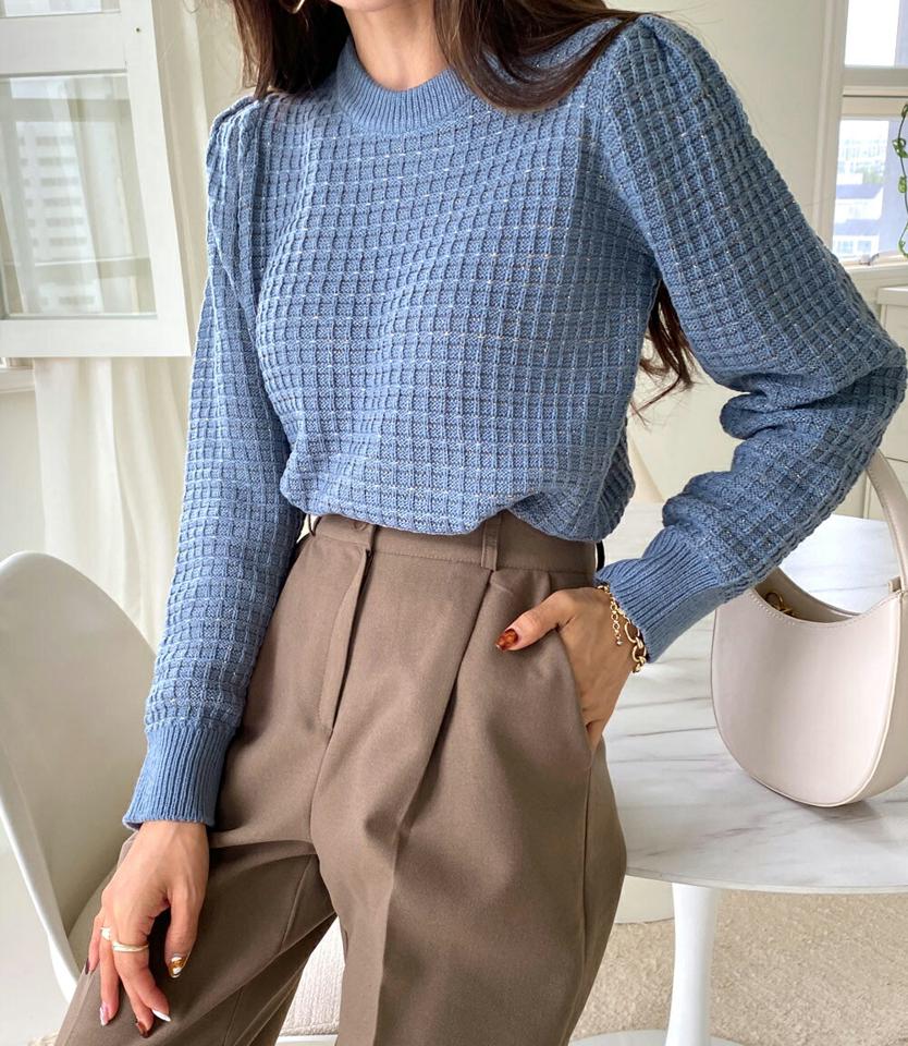 【只今10%OFF】グリッターラウンドニット・全4色・t66039 レディース 【tops】韓国ファッション トップス ニット 大人 長袖 ラウンドネック グリッター ツイード風 パフスリーブ カラーニット スクエアパターン シンプル 体型カバー フェミニン 上品 秋 春【ニットセール】