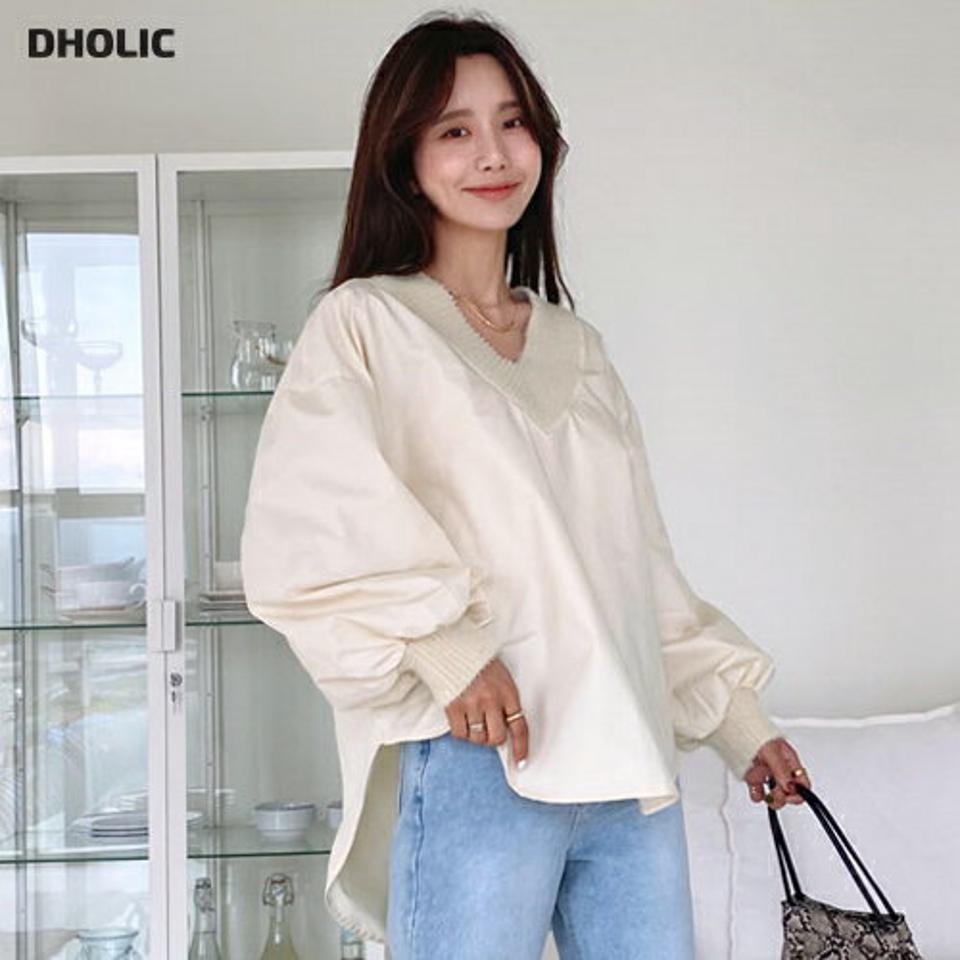 Vネックコントラストブラウス・全2色・b66043 レディース 【bl】韓国ファッション トップス ブラウス 長袖 Vネック コントラスト コットン アンバランス 大人 上品 ボタン シンプル フェミニン カジュアル ガーリー 秋 春