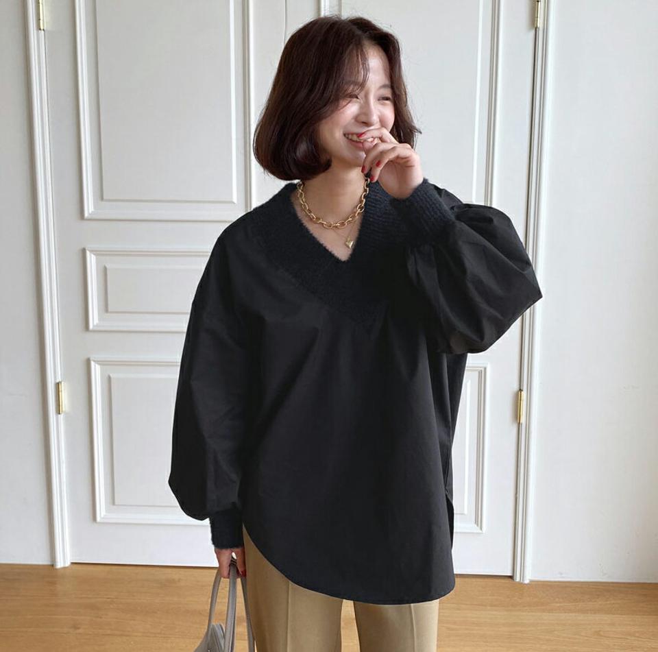 Vネックコントラストブラウス・全2色・b66043 レディース 【bl】韓国ファッション トップス ブラウス 長袖 Vネック コントラスト コットン アンバランス 大人 上品 ボタン シンプル フェミニン カジュアル ガーリー 秋 春