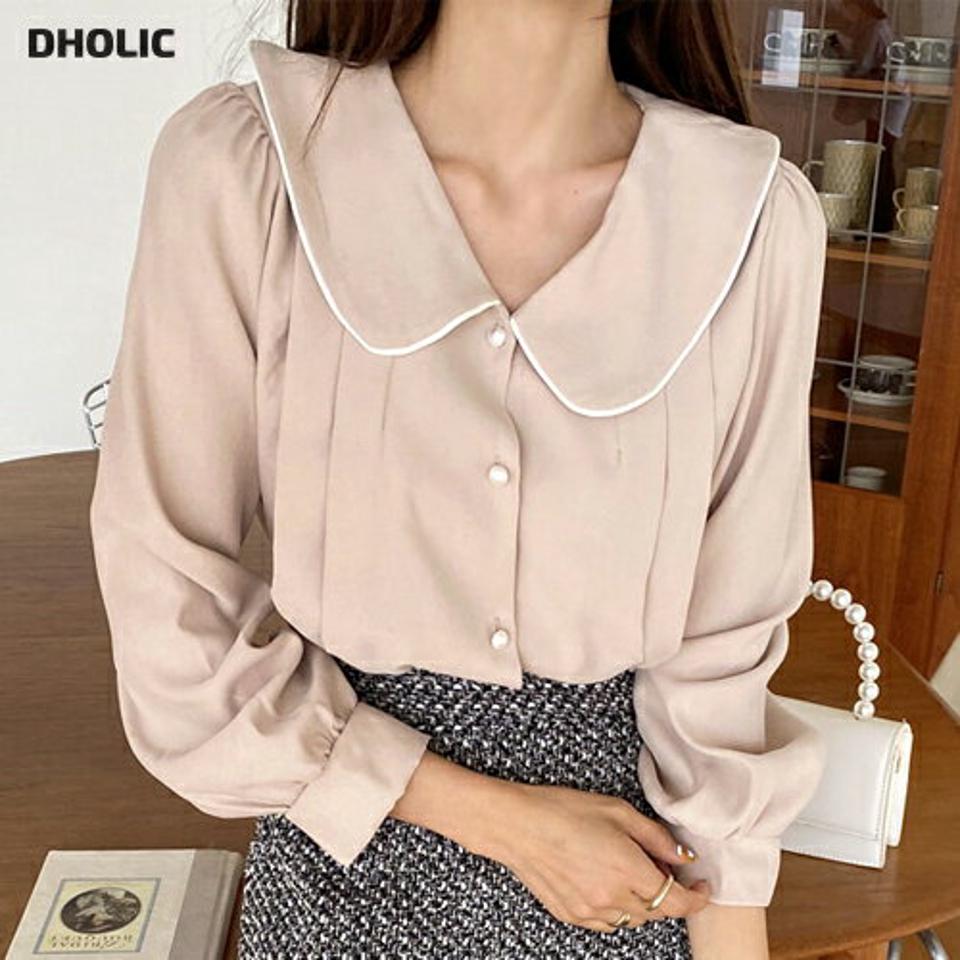 パール調ボタンパイピングカラーブラウス・全3色・t66040 レディース 【bl】韓国ファッション トップス ブラウス 長袖 Vネック パール調 ボタン パイピング 配色 大人 上品 ボタン シンプル フェミニン カジュアル 体型カバー ガーリー 秋 春