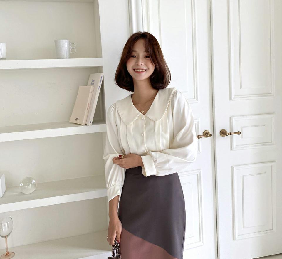 パール調ボタンパイピングカラーブラウス・全3色・t66040 レディース 【bl】韓国ファッション トップス ブラウス 長袖 Vネック パール調 ボタン パイピング 配色 大人 上品 ボタン シンプル フェミニン カジュアル 体型カバー ガーリー 秋 春