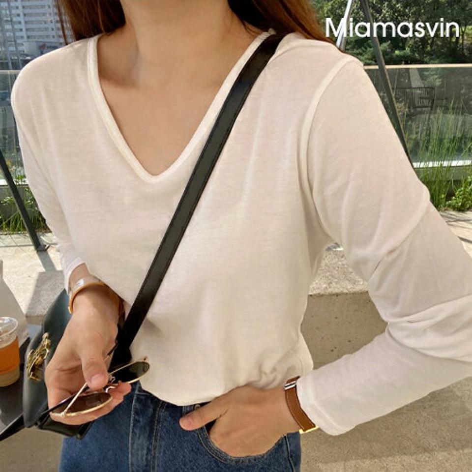 Miamasvin(ミアマスビン)ベーシックVネックロングT【10/18up_ka】【メール便】韓国 韓国ファッション　レディース トップス Tシャツ 長袖 ロンT Vネック ルーズフィット ゆったり らくちん シンプル 大人 カジュアル 着回し 秋 冬 レディース ファッション【5】