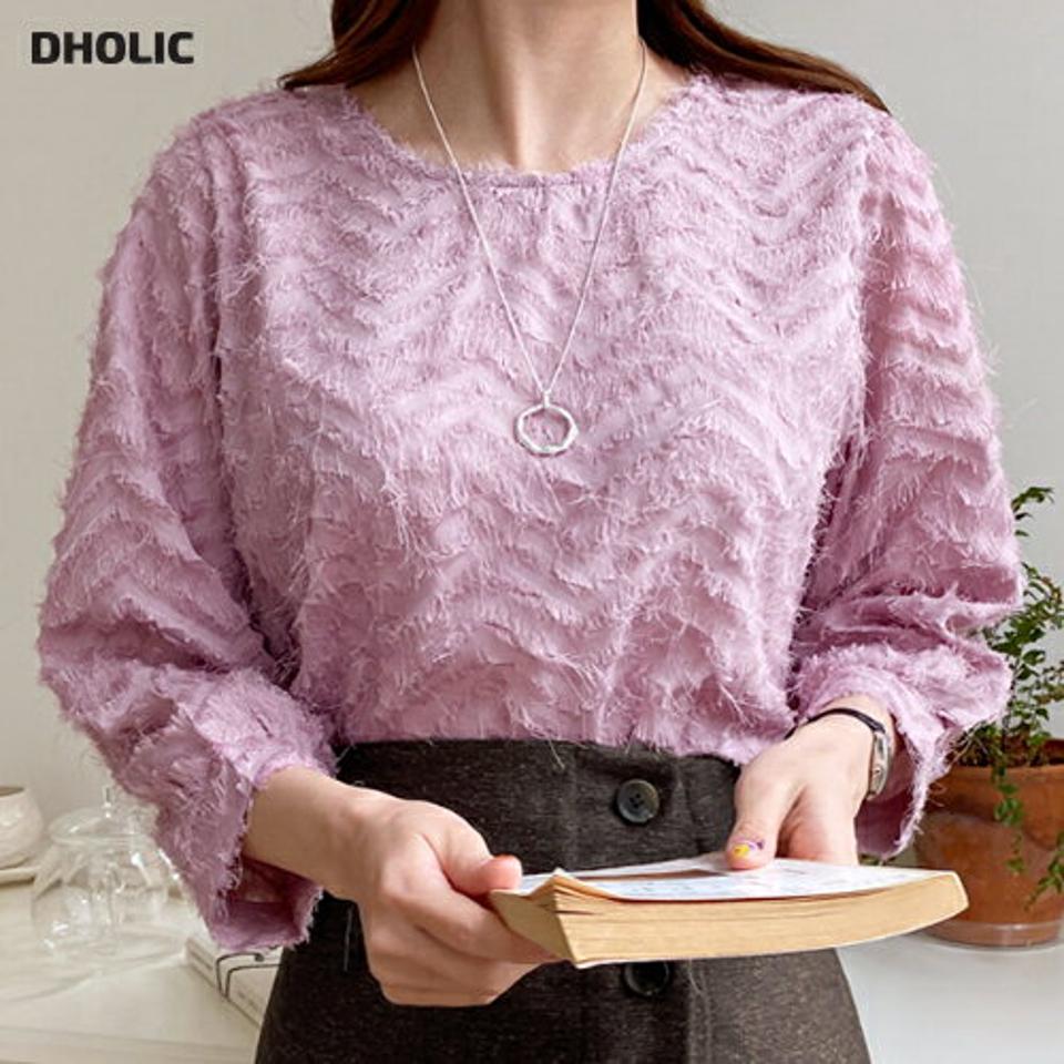 ジグザクテクスチャーブラウス・全3色・00439 レディース 【bl】 トップス ブラウス 長袖 7分袖 ジグザグ テクスチャー パターン ラウンドネック 大人 フェミニン ガーリー カジュアル 春 秋 韓国 ファッション ハイホリHIHOLLI