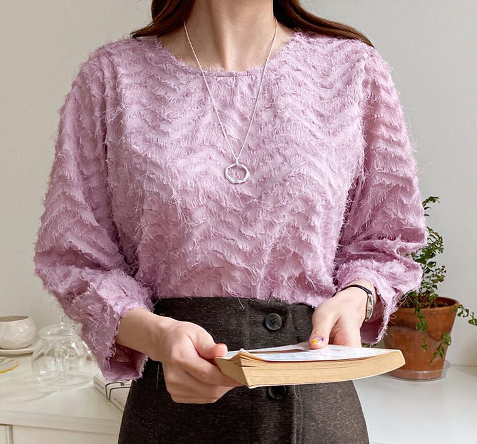 ジグザクテクスチャーブラウス・全3色・00439 レディース 【bl】 トップス ブラウス 長袖 7分袖 ジグザグ テクスチャー パターン ラウンドネック 大人 フェミニン ガーリー カジュアル 春 秋 韓国 ファッション ハイホリHIHOLLI