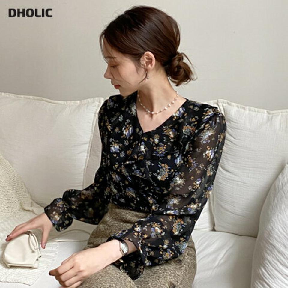 フリルネックフローラルブラウス・全3色・00441 レディース 【bl】 トップス ブラウス 長袖 フリルネック フローラル 花柄 フラワー Vネック フリル デコルテ ガーリー フェミニン カジュアル 春 秋 韓国 ファッション ハイホリHIHOLLI