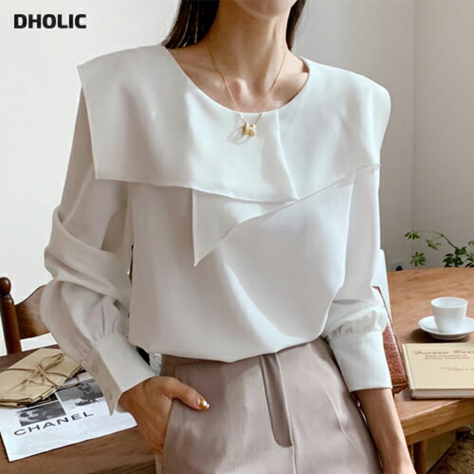 即日配送 フリルカラーブラウス・全2色・b58296 レディース 【bl】韓国ファッション トップス ブラウス 長袖 ラウンドネック フリルカラー 襟コン シフォン 大人 上品 ボタン 無地 シンプル フェミニン カジュアル 体型カバー ガーリー 秋 春