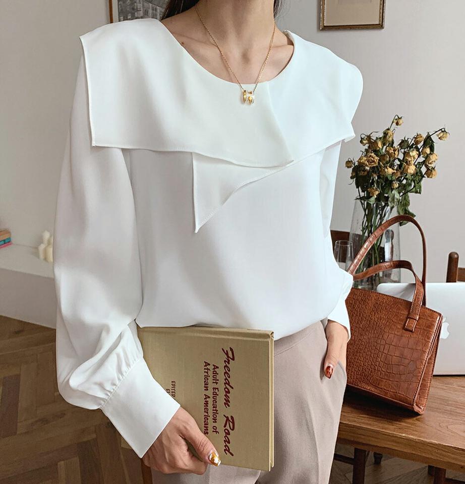 即日配送 フリルカラーブラウス・全2色・b58296 レディース 【bl】韓国ファッション トップス ブラウス 長袖 ラウンドネック フリルカラー 襟コン シフォン 大人 上品 ボタン 無地 シンプル フェミニン カジュアル 体型カバー ガーリー 秋 春