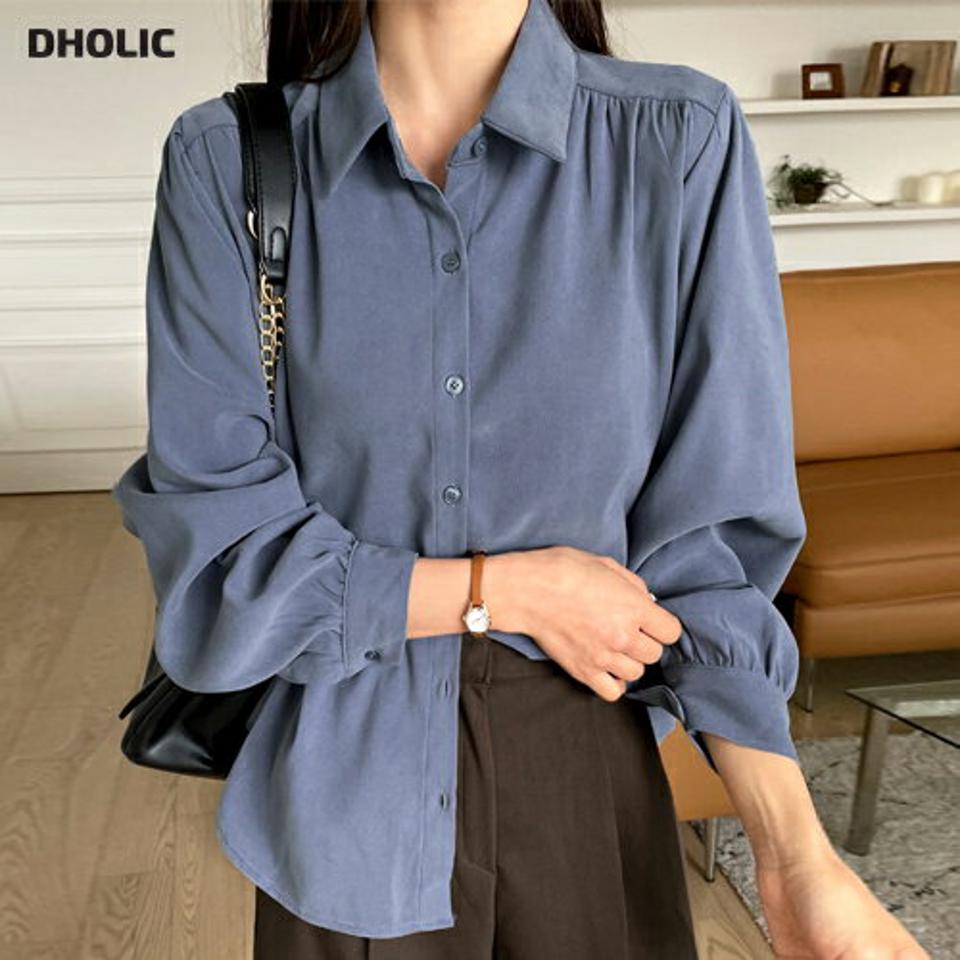 ギャザーボタンシャツブラウス・全3色・t58307 レディース 【bl】韓国ファッション トップス ブラウス 長袖 ンシャツブラウス ギャザー カフス 大人 上品 ボタン 無地 シンプル フェミニン カジュアル 体型カバー ガーリー 秋 春