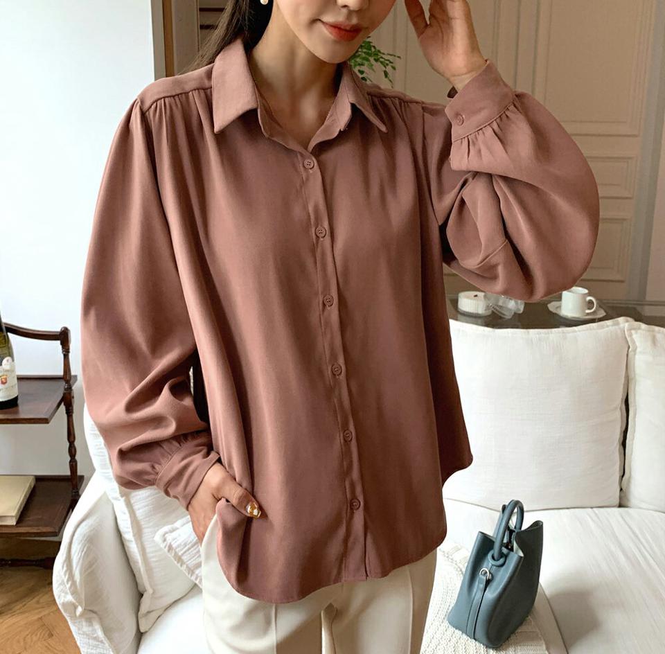 ギャザーボタンシャツブラウス・全3色・t58307 レディース 【bl】韓国ファッション トップス ブラウス 長袖 ンシャツブラウス ギャザー カフス 大人 上品 ボタン 無地 シンプル フェミニン カジュアル 体型カバー ガーリー 秋 春