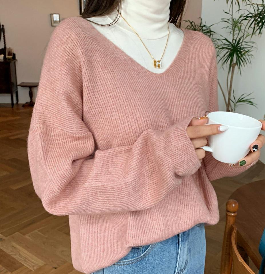 【只今10%OFF】Vネックルーズニット・全6色・b58303 レディース 【tops】韓国ファッション トップス ニット 大人 長袖 Vネック 大人 無地 ベーシック シンプル カジュアル 体型カバー ルーズ フェミニン カラーニット 上品 秋 冬【ニットセール】