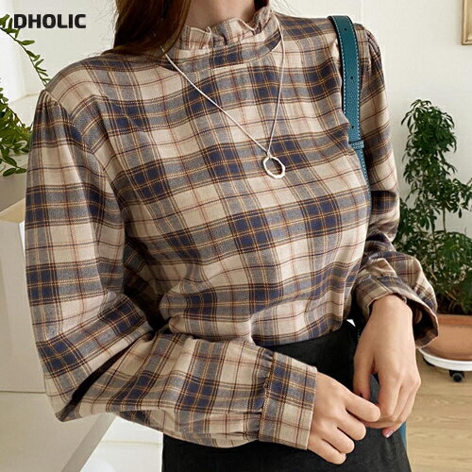 フリルチェックブラウス・全3色・t00463 レディース 【bl】 トップス ブラウス 長袖 フリル チェック ハーフネック ガーリー スリム フェミニン カジュアル 春 秋 韓国 ファッション ハイホリHIHOLLI