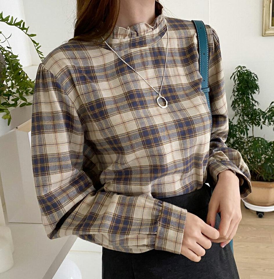 フリルチェックブラウス・全3色・t00463 レディース 【bl】 トップス ブラウス 長袖 フリル チェック ハーフネック ガーリー スリム フェミニン カジュアル 春 秋 韓国 ファッション ハイホリHIHOLLI