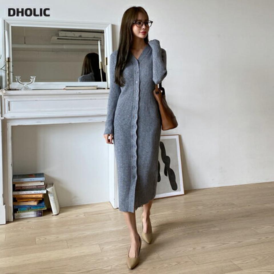 Vネックリブニットロングワンピース・全2色・t00443 レディース 【ops】 ワンピース ロング ロングワンピース 長袖 Vネック リブ ニット スリム フィット デコルテ フェミニン 冬 春 秋 韓国ファッション ハイホリHIHOLLI