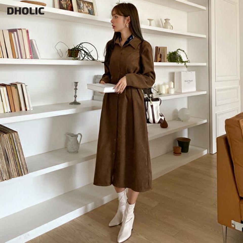 コーデュロイリボンシャツワンピース・全2色・t00444 レディース 【ops】 ワンピース ロング ロングワンピース コーデュロイ リボン シャツ カラーネック 上品 長袖 フレア フェミニン 冬 春 秋 韓国ファッション ハイホリHIHOLLI
