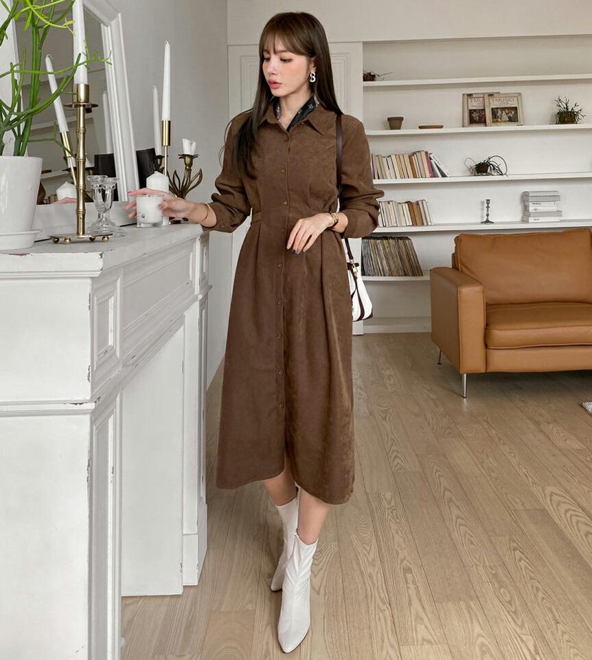 コーデュロイリボンシャツワンピース・全2色・t00444 レディース 【ops】 ワンピース ロング ロングワンピース コーデュロイ リボン シャツ カラーネック 上品 長袖 フレア フェミニン 冬 春 秋 韓国ファッション ハイホリHIHOLLI