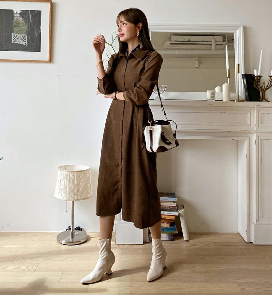 コーデュロイリボンシャツワンピース・全2色・t00444 レディース 【ops】 ワンピース ロング ロングワンピース コーデュロイ リボン シャツ カラーネック 上品 長袖 フレア フェミニン 冬 春 秋 韓国ファッション ハイホリHIHOLLI