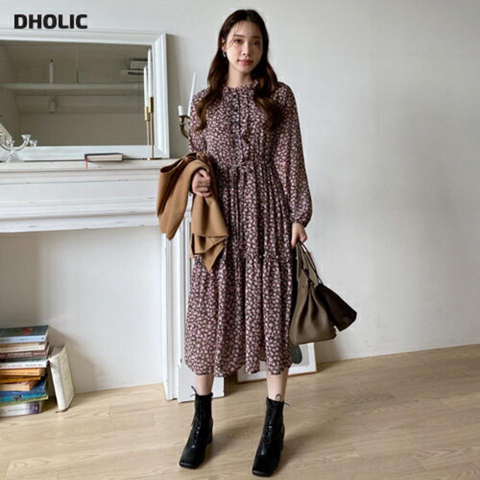 シフォンフローラルロングワンピース・全2色・b00445 レディース 【ops】 ワンピース ロングワンピース 長袖 ガーリー シフォン 花柄 フラワー ストリング ハーフネック フェミニン 冬 春 秋 韓国ファッション ハイホリHIHOLLI