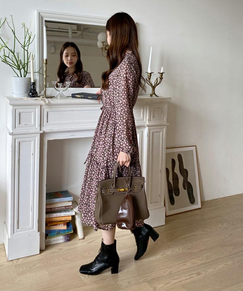 シフォンフローラルロングワンピース・全2色・b00445 レディース 【ops】 ワンピース ロングワンピース 長袖 ガーリー シフォン 花柄 フラワー ストリング ハーフネック フェミニン 冬 春 秋 韓国ファッション ハイホリHIHOLLI