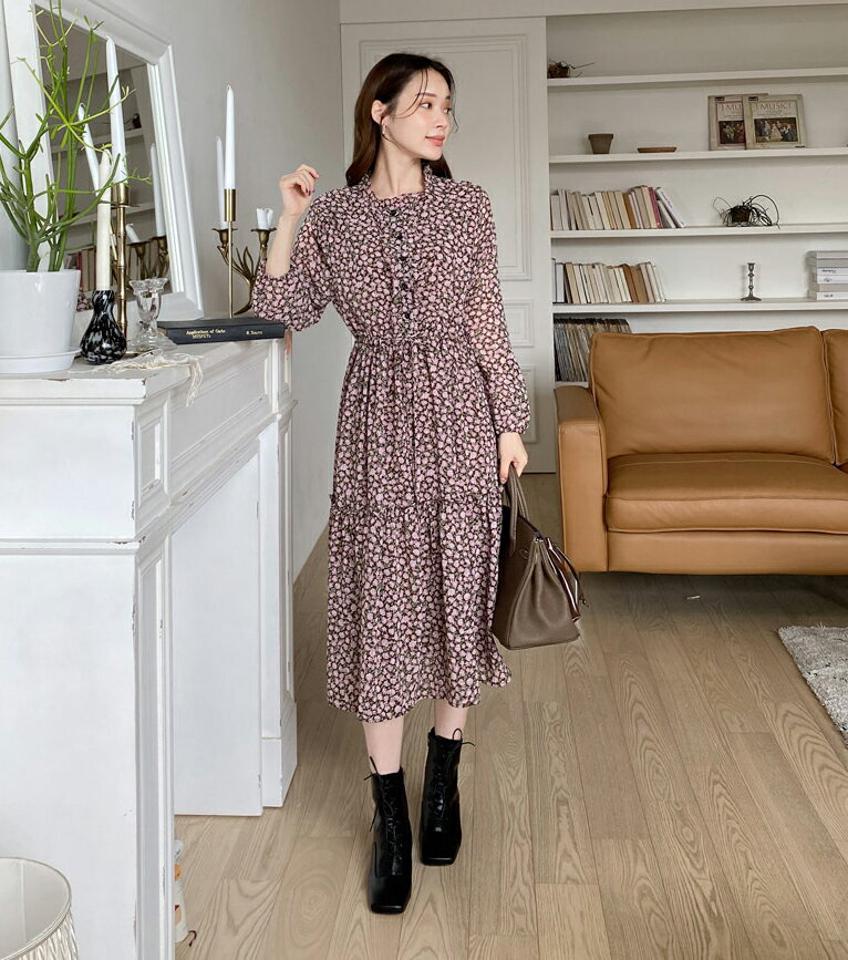 シフォンフローラルロングワンピース・全2色・b00445 レディース 【ops】 ワンピース ロングワンピース 長袖 ガーリー シフォン 花柄 フラワー ストリング ハーフネック フェミニン 冬 春 秋 韓国ファッション ハイホリHIHOLLI