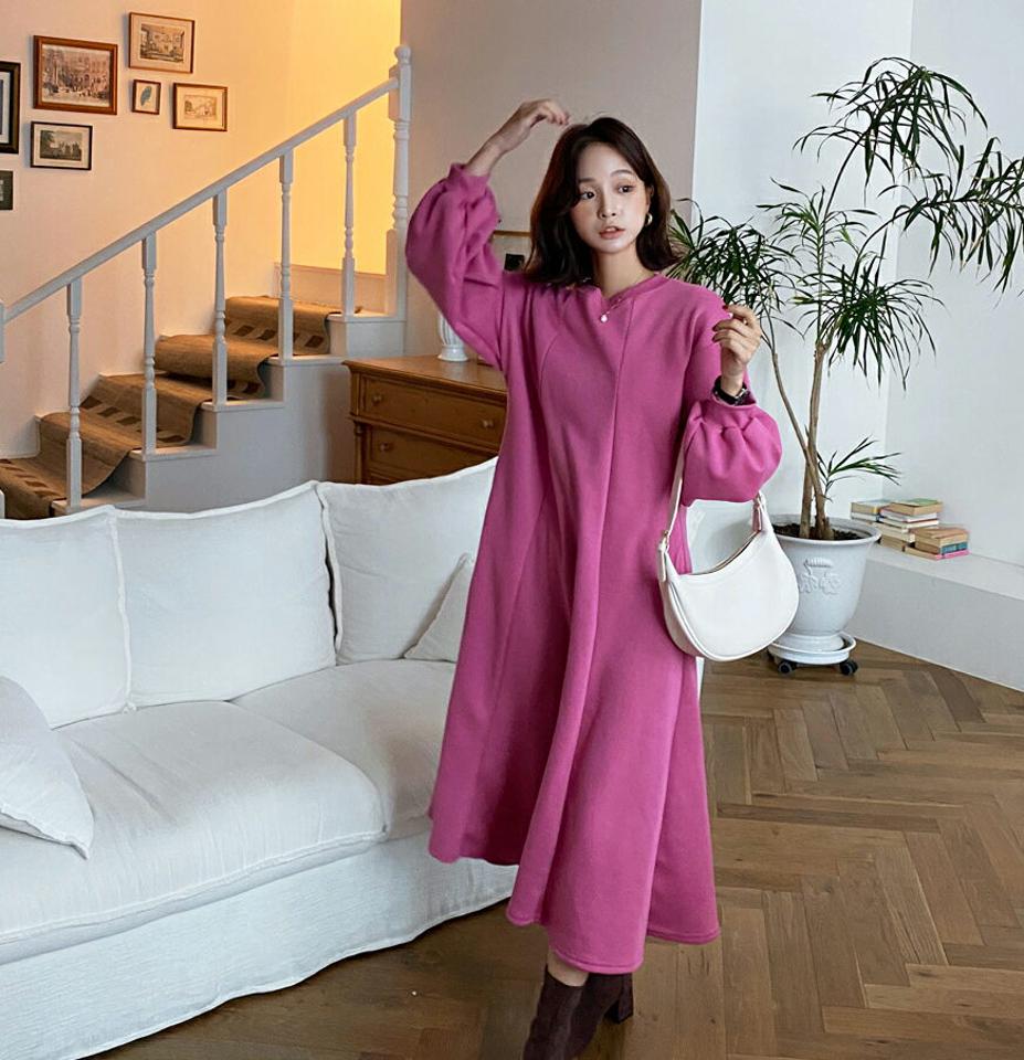 【マラソン特価】裏起毛フレアワンピース・全3色・b58282 レディース 【ops】韓国 ファッション ワンピース ロング ロングワンピース 長袖 ラウンドネック 裏起毛 フレア スウェット生地 大人 ロング丈 シンプル ルーズ フェミニン 体型カバー カジュアル 秋 冬