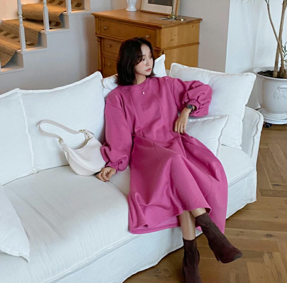 【マラソン特価】裏起毛フレアワンピース・全3色・b58282 レディース 【ops】韓国 ファッション ワンピース ロング ロングワンピース 長袖 ラウンドネック 裏起毛 フレア スウェット生地 大人 ロング丈 シンプル ルーズ フェミニン 体型カバー カジュアル 秋 冬