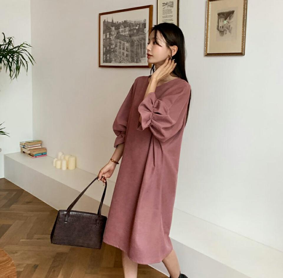 即日配送 タックパフスリーブワンピース・全3色・t58283 レディース 【ops】韓国ファッション ワンピース ミディ ミディワンピース 7分袖 ラウンドネック タック パフスリーブ 大人 ミディグ丈 ストレート シンプル ルーズ フェミニン 体型カバー 秋 春