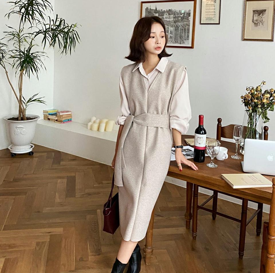 【クリアランスセール】ストラップ付ウール混Vネックワンピース・全4色・b58284 レディース 【ops】韓国ファッション ワンピース ロングワンピース 長袖 Vネック ストラップ付 ウール混 Iライン 大人 ロング丈 シンプル フェミニン カジュアル 秋 冬