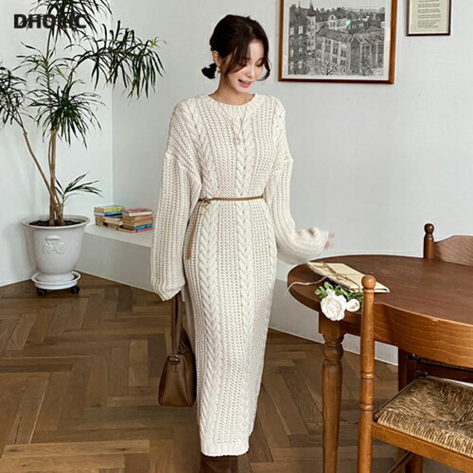 ケーブルニットワンピース・全3色・t58298 レディース 【ops】韓国ファッション ワンピース ロングワンピース 長袖 ラウンドネック ニットワンピース Iライン 大人 ロング丈 シンプル ルーズ フェミニン 体型カバー カジュアル 秋 冬