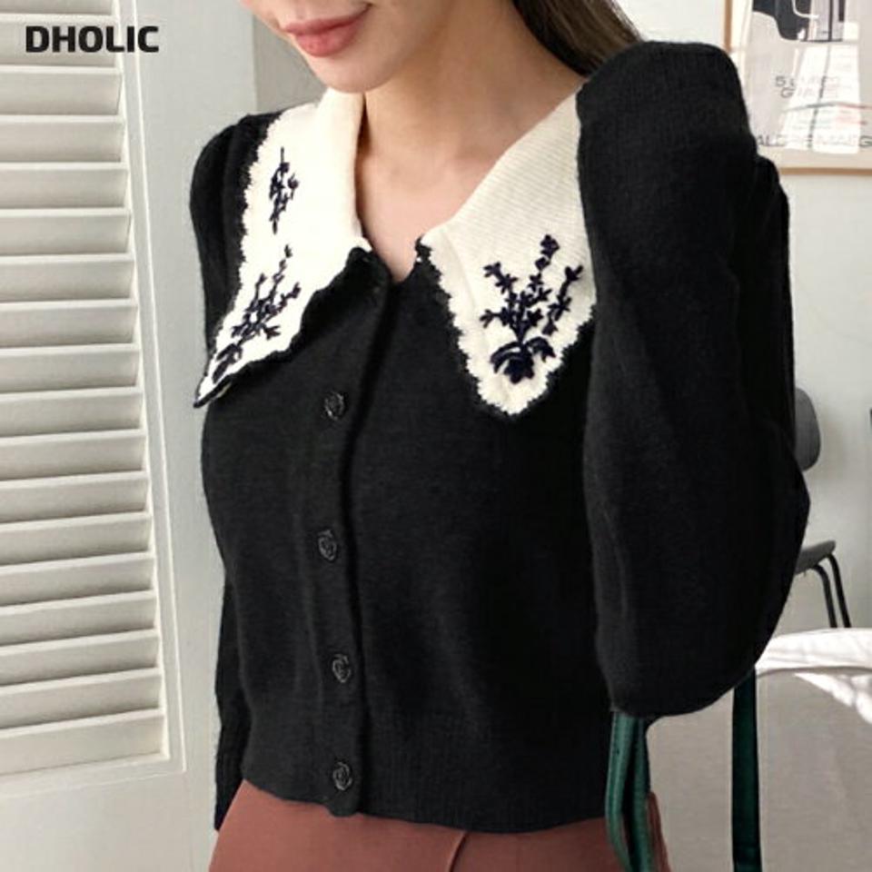 【新作10%OFF】ビッグカラー配色刺繍ボタンニット・全2色・t70547 レディース 【tops】 トップス ニット 長袖 ビッグカラー 配色 刺繍 ボタン 小顔 クロップド ルーズ ゆったり あたたかい カジュアル 体型カバー秋 冬 韓国 ファッション ハイホリHIHOLLI