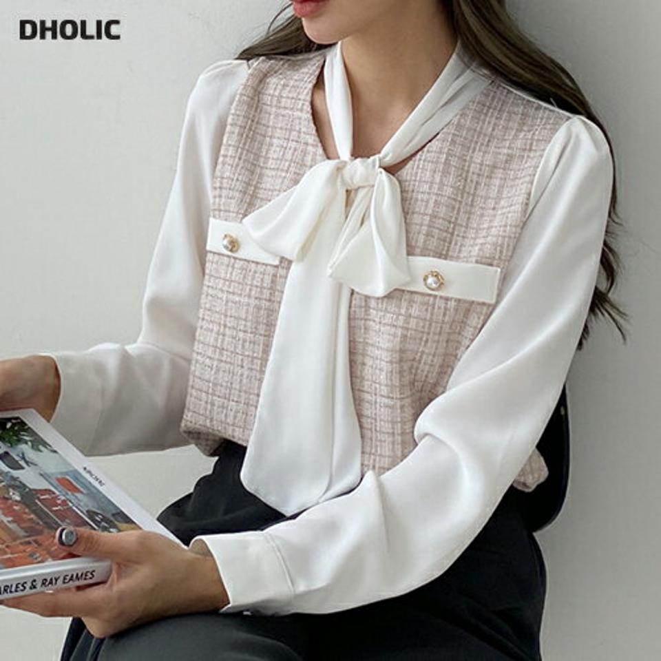 ツイードスカーフブラウス・全4色・t70572 レディース 【bl】 トップス ブラウス 長袖 ツイード スカーフ オフィス Vネック 大人 襟コン フェミニン ガーリー 春 秋 柄 オケージョン 異素材ミックス 韓国ファッション HIHOLLI クリスマス