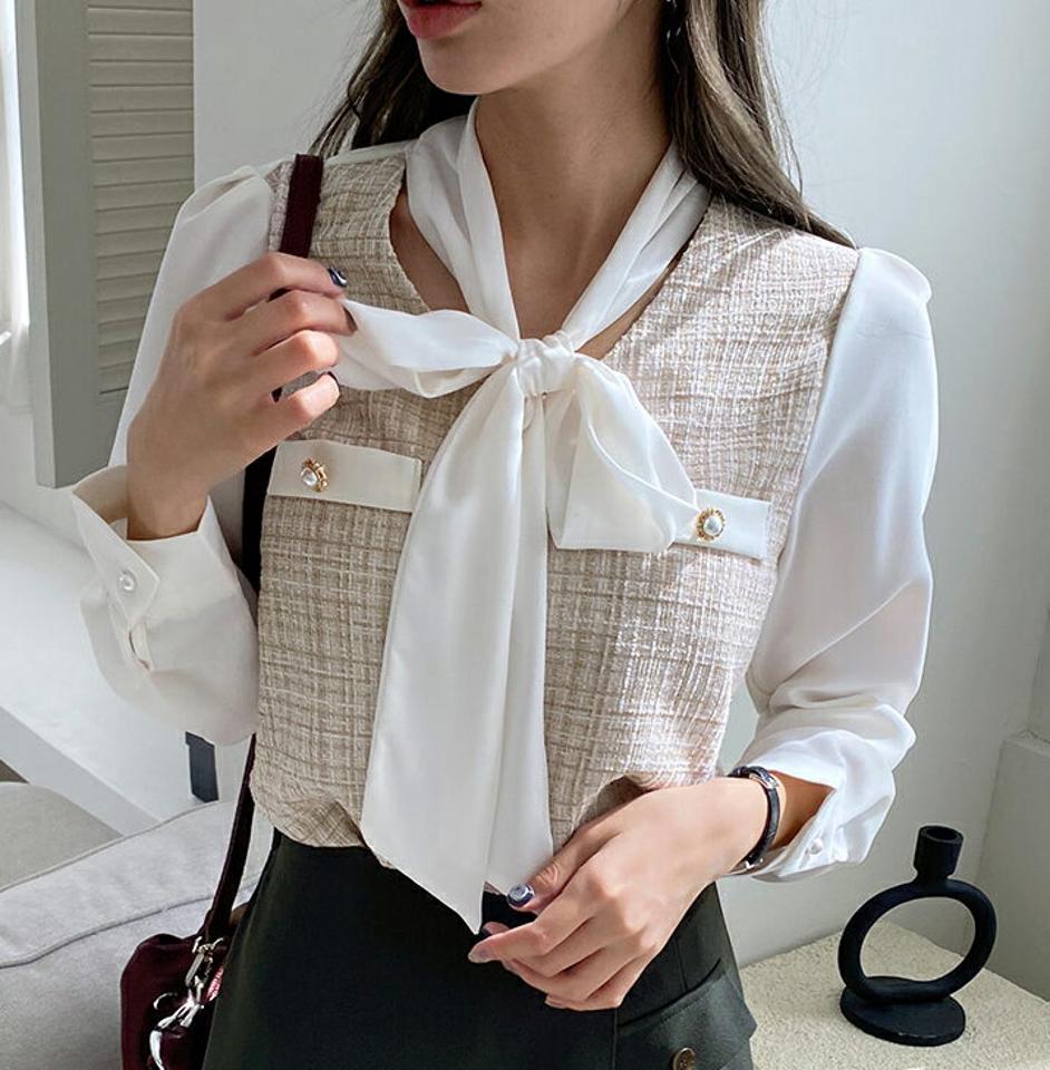 ツイードスカーフブラウス・全4色・t70572 レディース 【bl】 トップス ブラウス 長袖 ツイード スカーフ オフィス Vネック 大人 襟コン フェミニン ガーリー 春 秋 柄 オケージョン 異素材ミックス 韓国ファッション HIHOLLI クリスマス