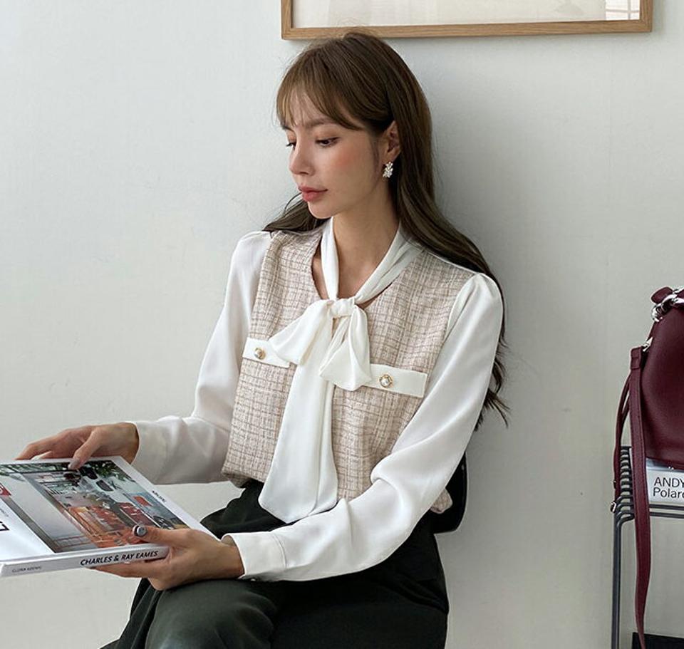 ツイードスカーフブラウス・全4色・t70572 レディース 【bl】 トップス ブラウス 長袖 ツイード スカーフ オフィス Vネック 大人 襟コン フェミニン ガーリー 春 秋 柄 オケージョン 異素材ミックス 韓国ファッション HIHOLLI クリスマス