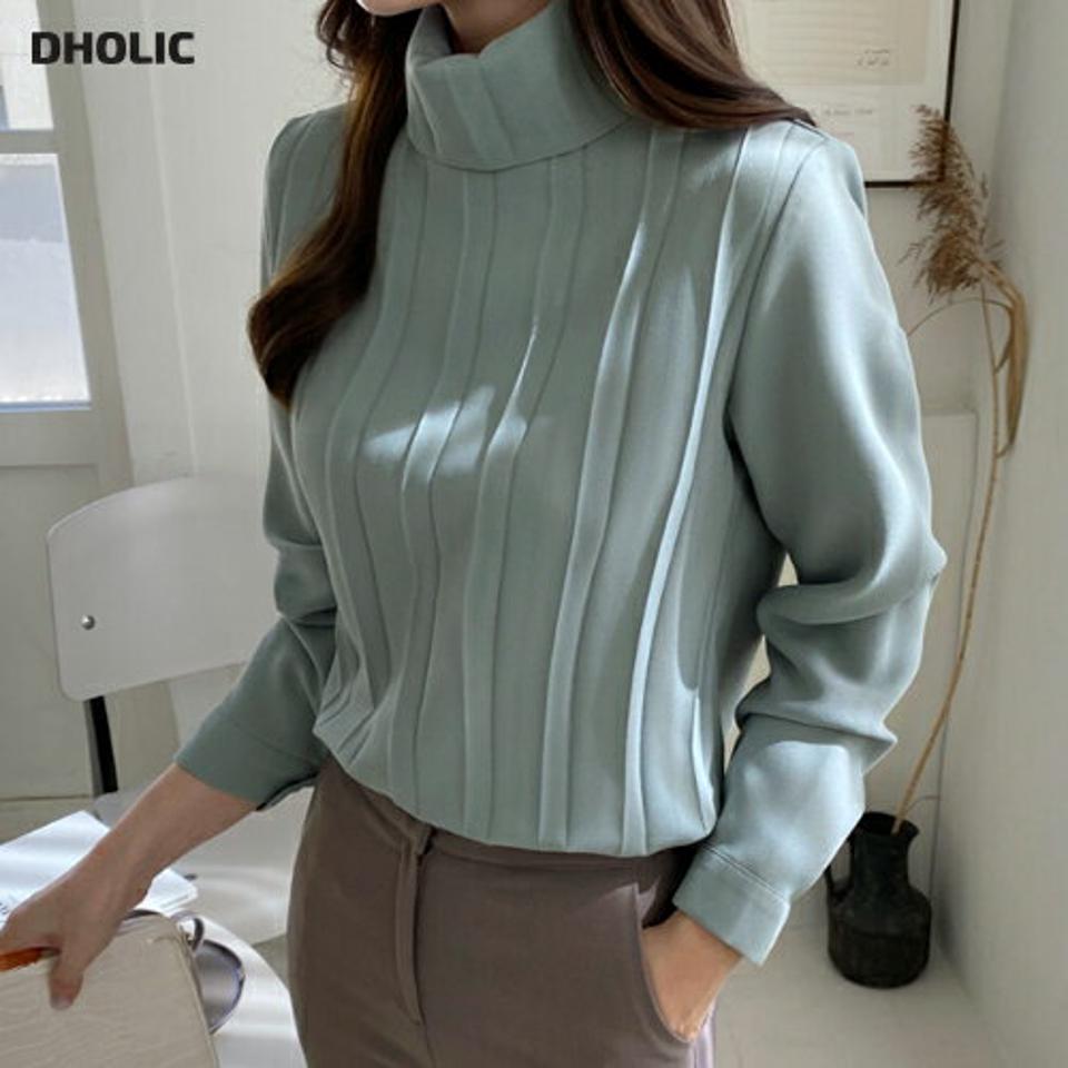 プリーツハイネックブラウス・全3色・t70574 レディース 【bl】 トップス ブラウス 長袖 プリーツ ハイネック オフィスカジュアル 大人 フェミニン オフィス 冬 カジュアル 春 秋 韓国ファッション ハイホリHIHOLLI