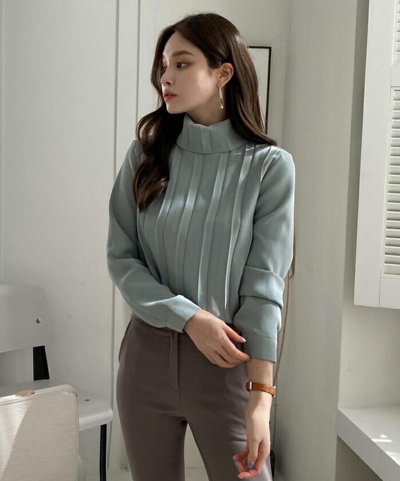 プリーツハイネックブラウス・全3色・t70574 レディース 【bl】 トップス ブラウス 長袖 プリーツ ハイネック オフィスカジュアル 大人 フェミニン オフィス 冬 カジュアル 春 秋 韓国ファッション ハイホリHIHOLLI