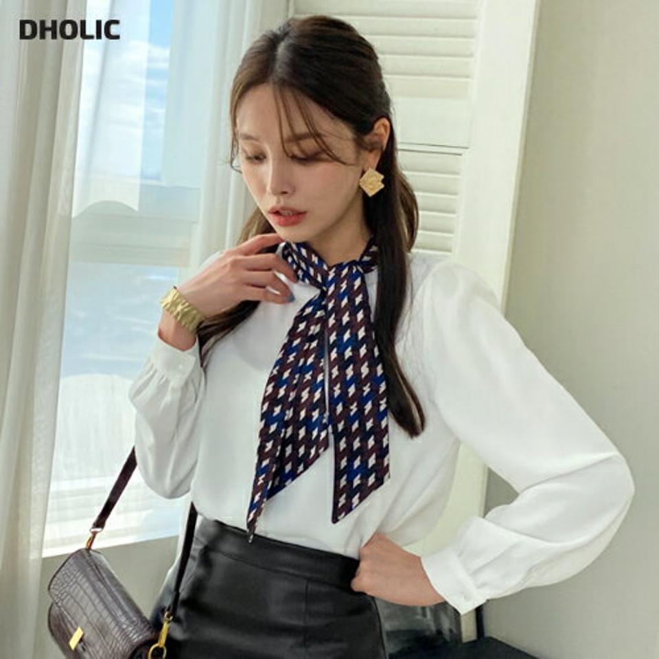 配色スカーフブラウス・全2色・t70540 レディース 【bl】 トップス ブラウス 長袖 配色 スカーフネック パターン ハイネック オフィスカジュアル 大人 フェミニン オフィス 冬 カジュアル 春 秋 韓国ファッション ハイホリHIHOLLI