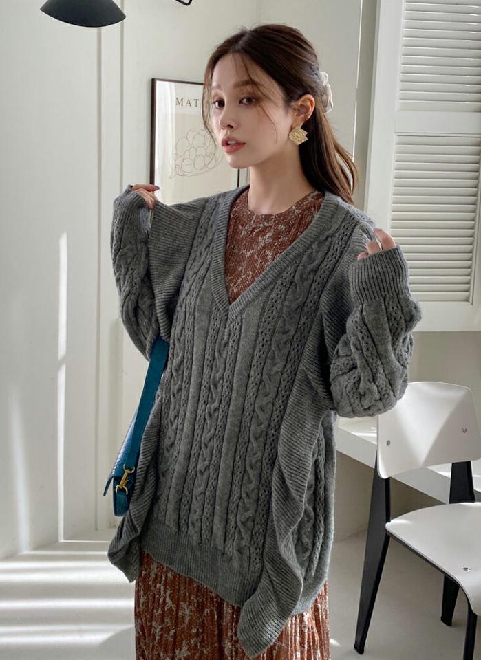 【只今10%OFF】Vネックサイドフリルルーズニット・全3色・t70550 レディース 【tops】 トップス ニット 長袖 Vネック フリル ルーズ ゆったり あたたかい カジュアル 体型カバー オーバーサイズ秋 冬 韓国ファッション ハイホリHIHOLLI【NIT】