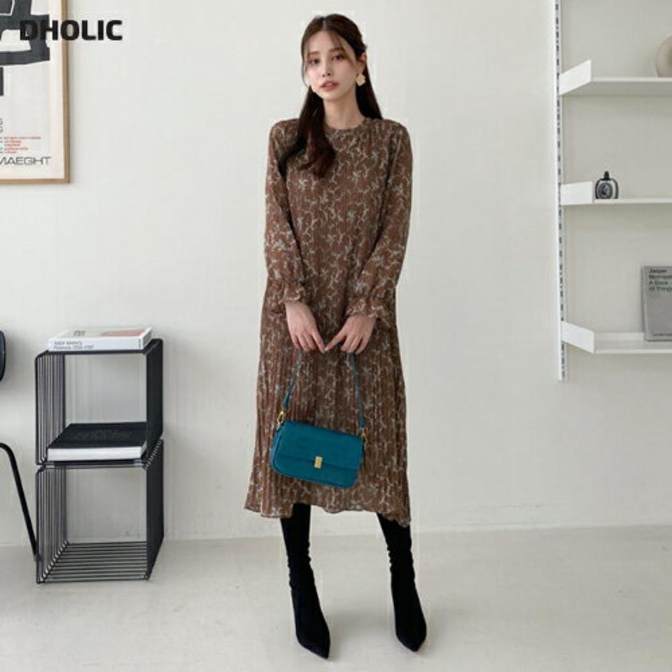 即日配送 ストラップ付プリントプリーツワンピース・全2色・b70552 レディース 【ops】 ワンピース ロング ロングワンピース 長袖 ストラップ プリント プリーツ Aライン ラウンドネック フェミニン秋 冬 韓国ファッション ハイホリHIHOLLI