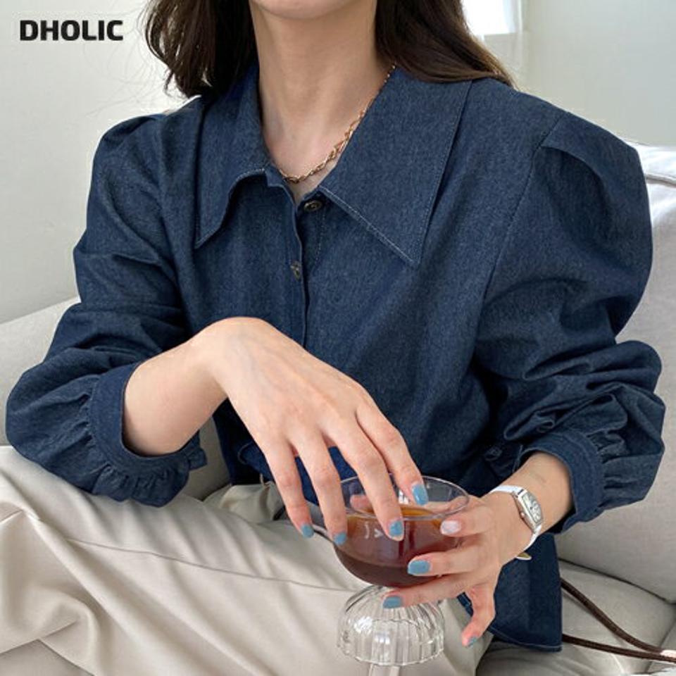 即日配送 カラーネックデニムブラウス・全2色・t70649 レディース 【bl】 トップス ブラウス 長袖 カラーネック デニム クロップド ルーズ ゆったり カジュアル 大人 フェミニン オーバーサイズ秋 冬 韓国ファッション ハイホリHIHOLLI