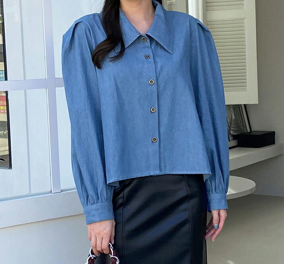 即日配送 カラーネックデニムブラウス・全2色・t70649 レディース 【bl】 トップス ブラウス 長袖 カラーネック デニム クロップド ルーズ ゆったり カジュアル 大人 フェミニン オーバーサイズ秋 冬 韓国ファッション ハイホリHIHOLLI