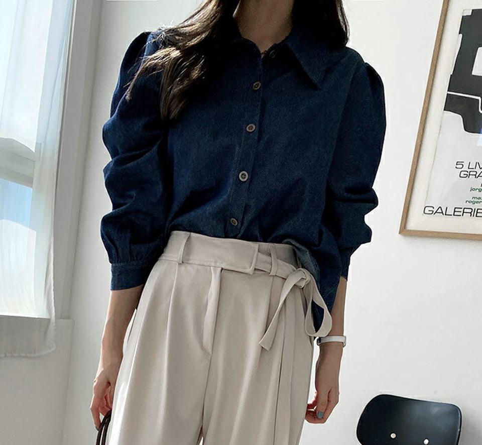 即日配送 カラーネックデニムブラウス・全2色・t70649 レディース 【bl】 トップス ブラウス 長袖 カラーネック デニム クロップド ルーズ ゆったり カジュアル 大人 フェミニン オーバーサイズ秋 冬 韓国ファッション ハイホリHIHOLLI