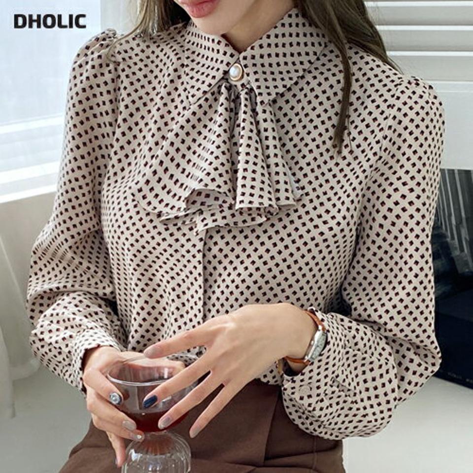 ボウタイ付パターンブラウス・全3色・b70575 レディース 【bl】 トップス ブラウス 長袖 ボウタイ パターン 上品 パール 配色 オフィスカジュアル 大人 フェミニン オフィス 冬 カジュアル 春 秋 韓国ファッション ハイホリHIHOLLI