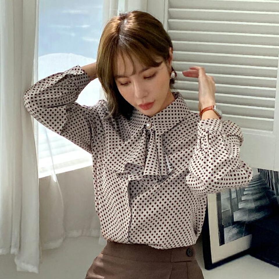 ボウタイ付パターンブラウス・全3色・b70575 レディース 【bl】 トップス ブラウス 長袖 ボウタイ パターン 上品 パール 配色 オフィスカジュアル 大人 フェミニン オフィス 冬 カジュアル 春 秋 韓国ファッション ハイホリHIHOLLI