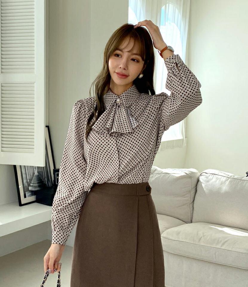 ボウタイ付パターンブラウス・全3色・b70575 レディース 【bl】 トップス ブラウス 長袖 ボウタイ パターン 上品 パール 配色 オフィスカジュアル 大人 フェミニン オフィス 冬 カジュアル 春 秋 韓国ファッション ハイホリHIHOLLI