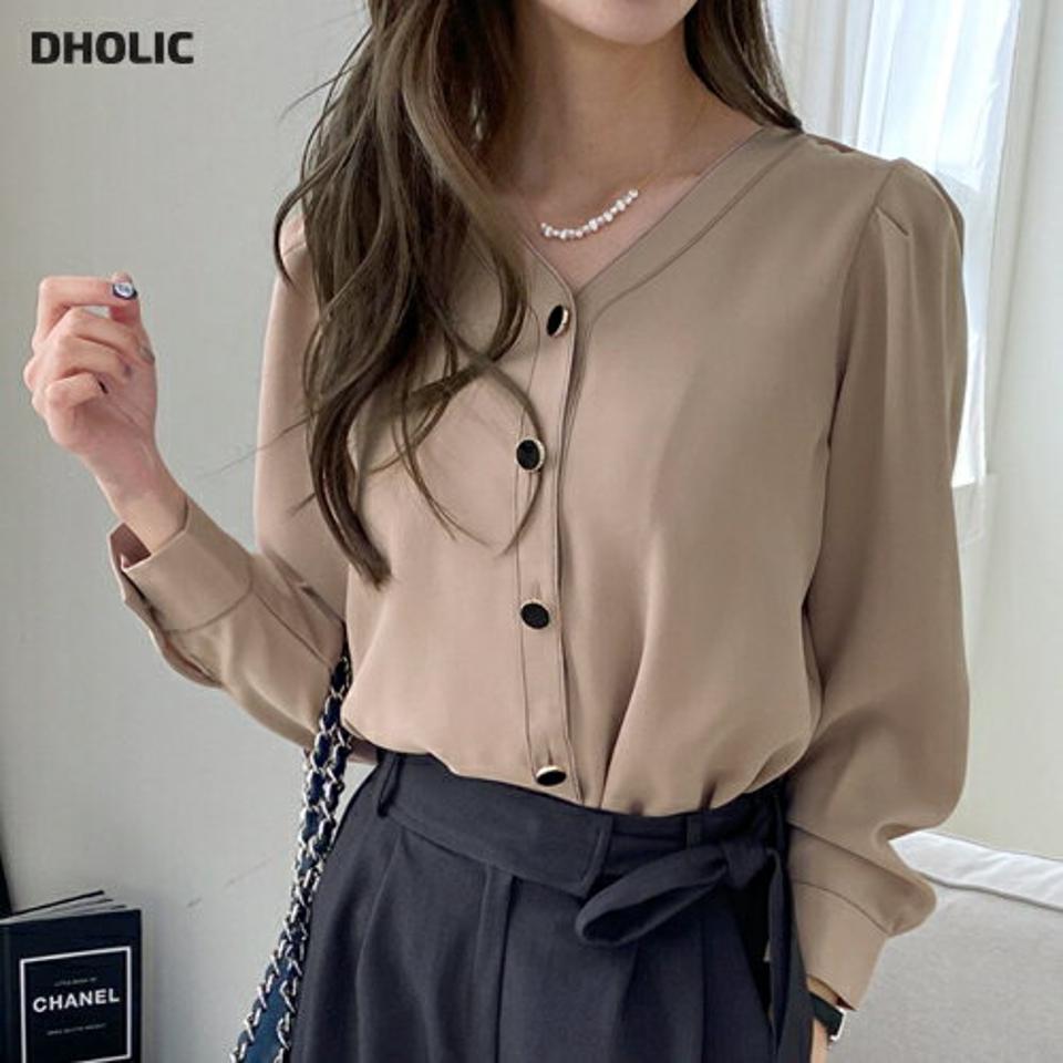 即日配送 ステッチボタンブラウス・全4色・t70573 レディース 【bl】 トップス ブラウス 長袖 ステッチ ボタン 配色 ギャザー Vネック 上品 オフィスカジュアル フェミニン オフィス デコルテ 冬 カジュアル 春 秋 韓国ファッション ハイホリHIHOLLI