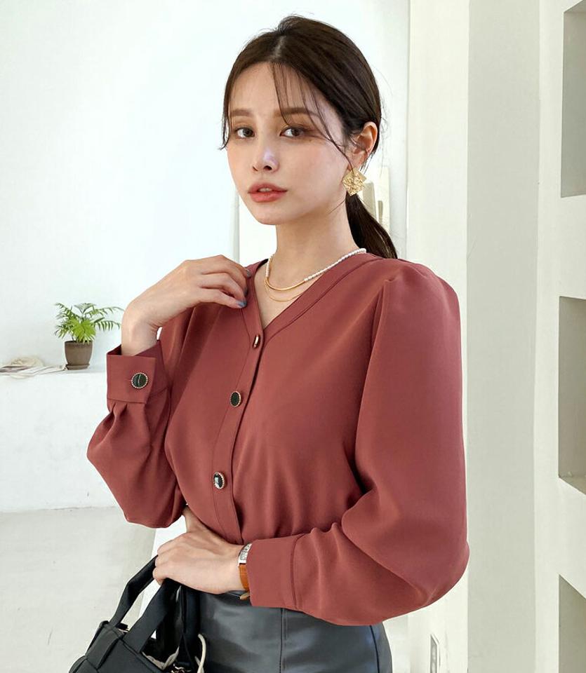 即日配送 ステッチボタンブラウス・全4色・t70573 レディース 【bl】 トップス ブラウス 長袖 ステッチ ボタン 配色 ギャザー Vネック 上品 オフィスカジュアル フェミニン オフィス デコルテ 冬 カジュアル 春 秋 韓国ファッション ハイホリHIHOLLI