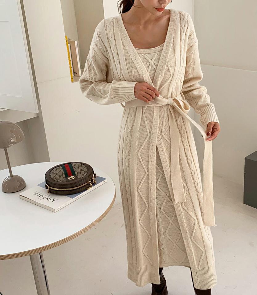 ストラップ付ツイストロングニットワンピース&カーディガンSET・全4色・t65634 レディース 【ops】韓国ファッション ワンピース ロング ロングワンピース カーディガン セット 長袖 大人 ロング丈 スリム シンプル フェミニン 体型カバー 秋 春