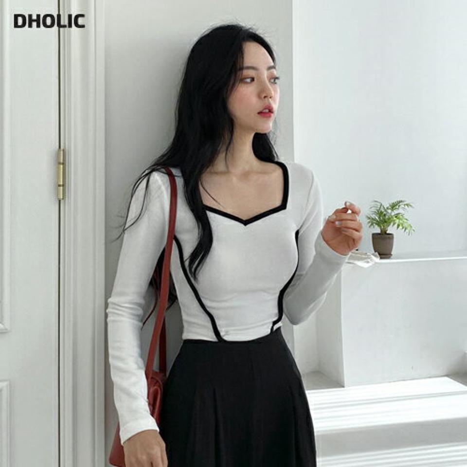 配色スリムラインクロップドTシャツ・全3色・t65619 レディース 【tops】韓国ファッション トップス Tシャツ 大人 長袖 ハートネック クロップド丈 スリット シンプル カジュアル スリム 体型カバー 細身 フェミニン デイリー 上品 秋 春