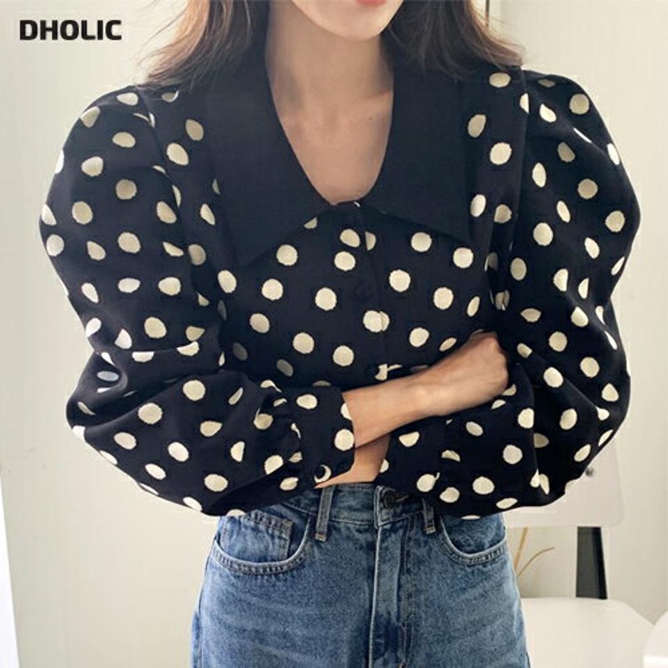 ドットビッグカラーブラウス・全2色・t65626 レディース 【bl】韓国ファッション トップス ブラウス 長袖 カラーネック ドット ビッグカラー 配色 大人 上品 シンプル カジュアル フェミニン ガーリー 秋 春