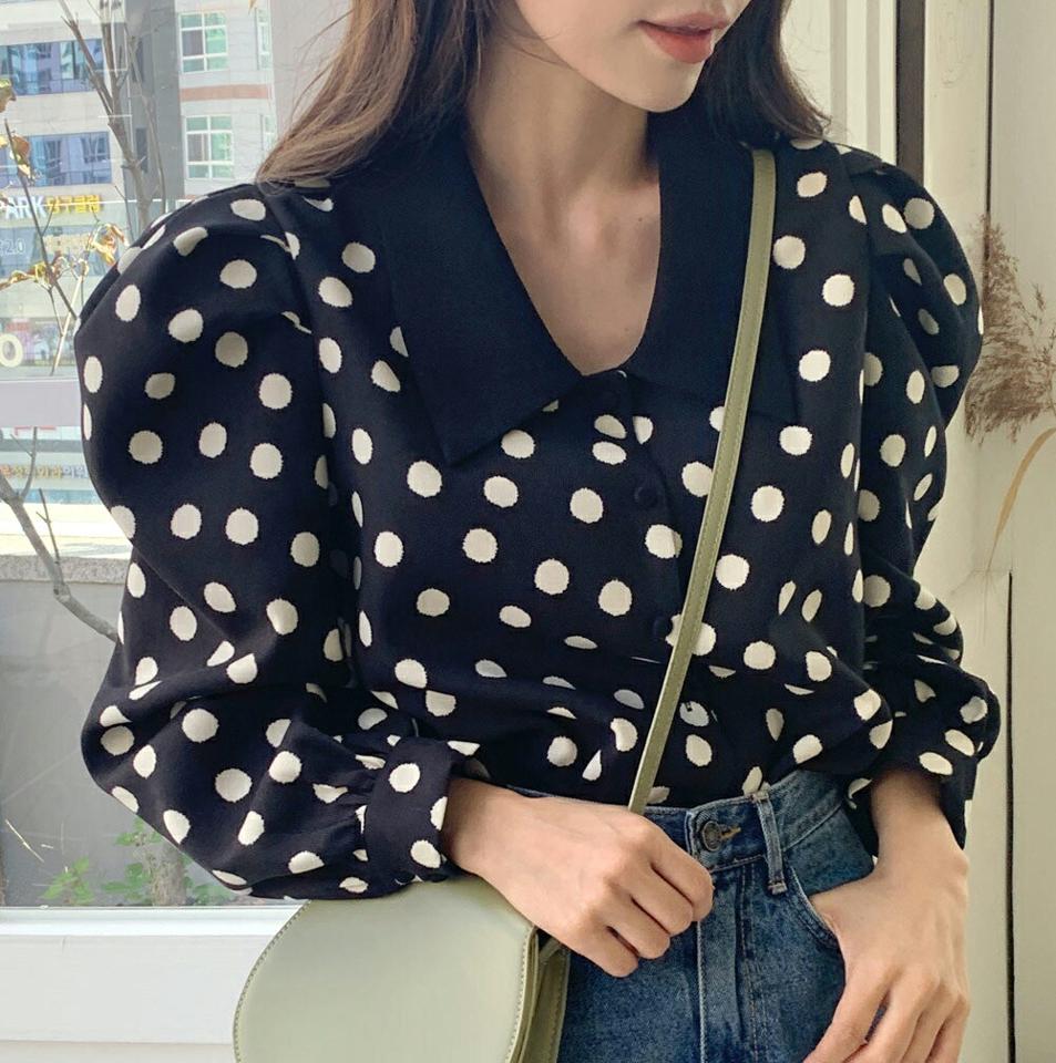 ドットビッグカラーブラウス・全2色・t65626 レディース 【bl】韓国ファッション トップス ブラウス 長袖 カラーネック ドット ビッグカラー 配色 大人 上品 シンプル カジュアル フェミニン ガーリー 秋 春