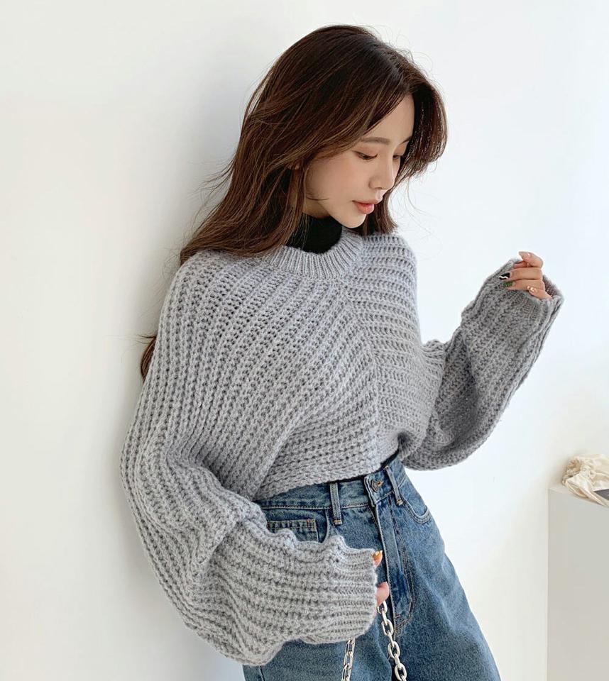 アンバランスクロップドニット・全5色・t65627 レディース 【tops】韓国ファッション トップス ニット 大人 長袖 ラウンドネック アンバランス クロップド丈 無地 ベーシック シンプル カラーニット カジュアル 体型カバー フェミニン 上品 秋 冬